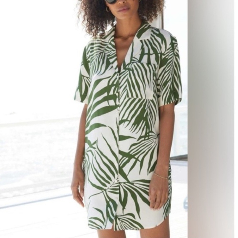 AYR Pool House Green White Tropical Palm Leaf 100% Silk Shirt Dress XL Oversized